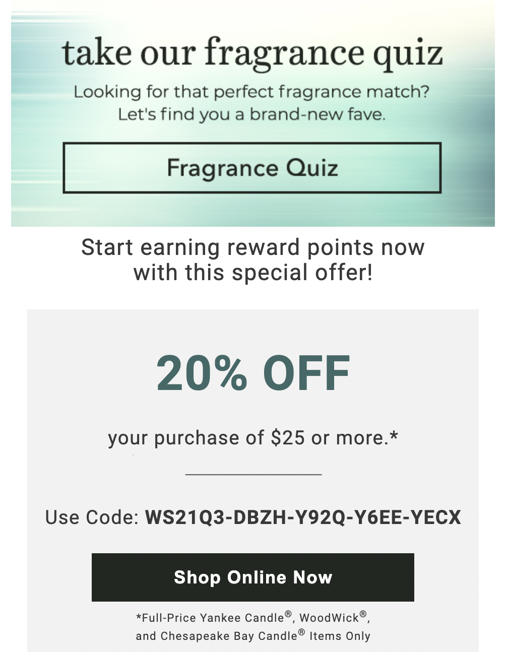 Marekting automation example: Yankee Candle fragrance quiz sent via email after subscribing