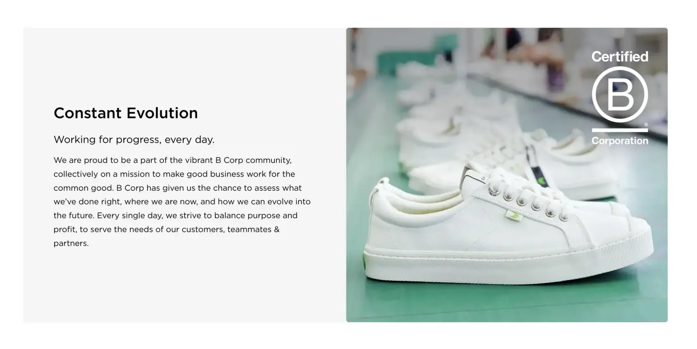 Screenshot of a page on Cariuma's website that shows a photo of a pair of shoes with the words "Certified B Corporation" over it.