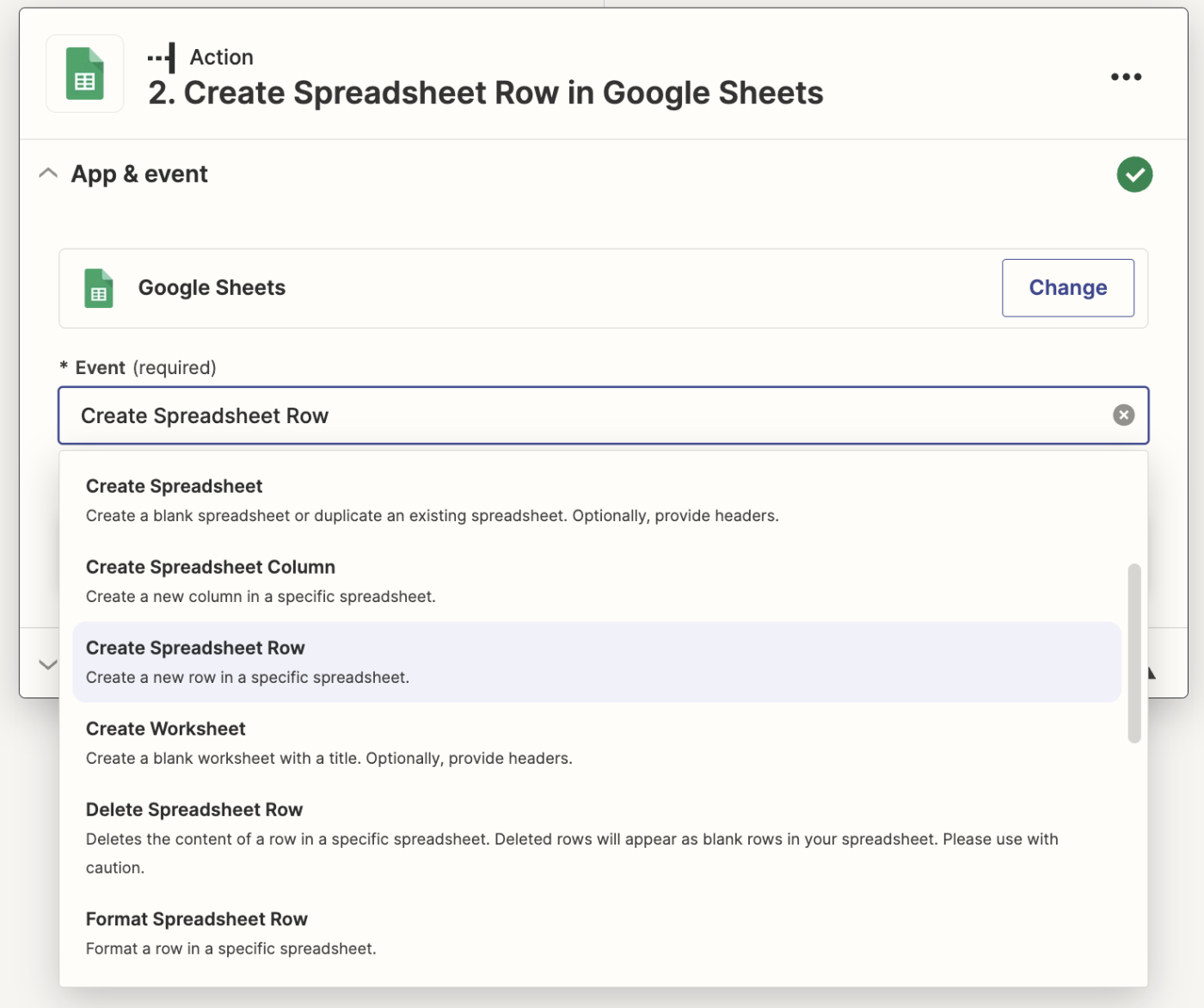 In an action step in the Zap editor, the Event dropdown is shown open with Google Sheets actions to choose from.