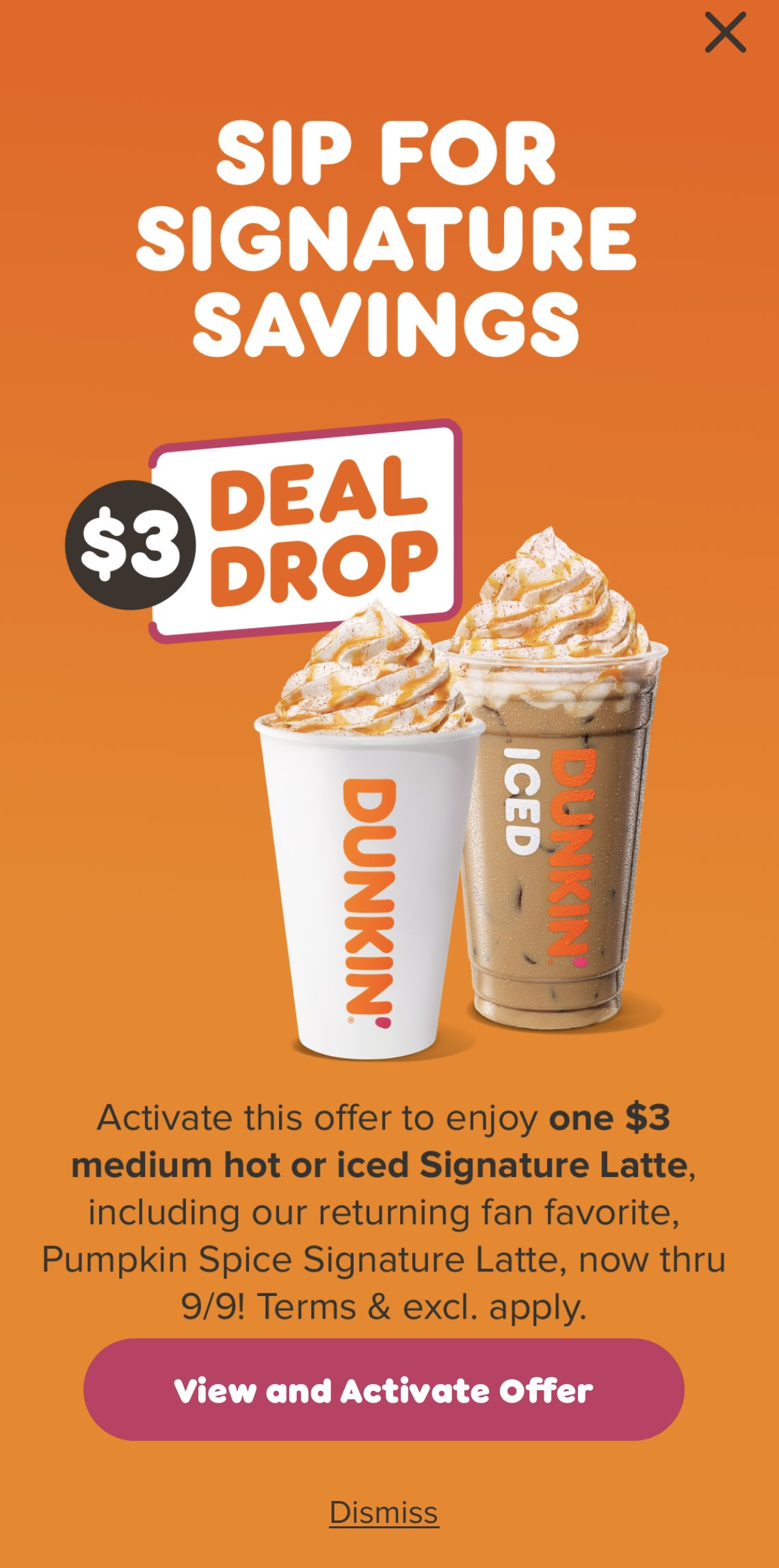 Screenshot of an in-app message from Dunkin