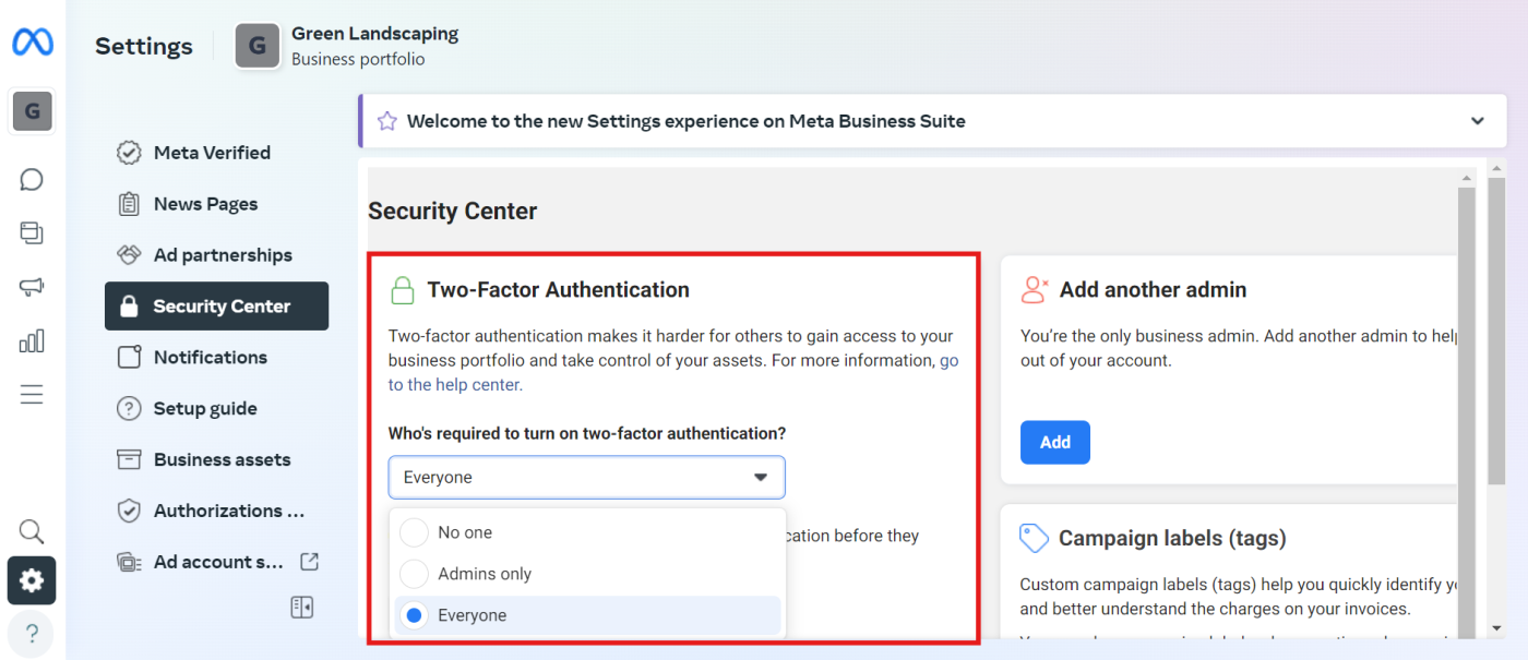 Setting up two-factor authentication in Meta Business Suite