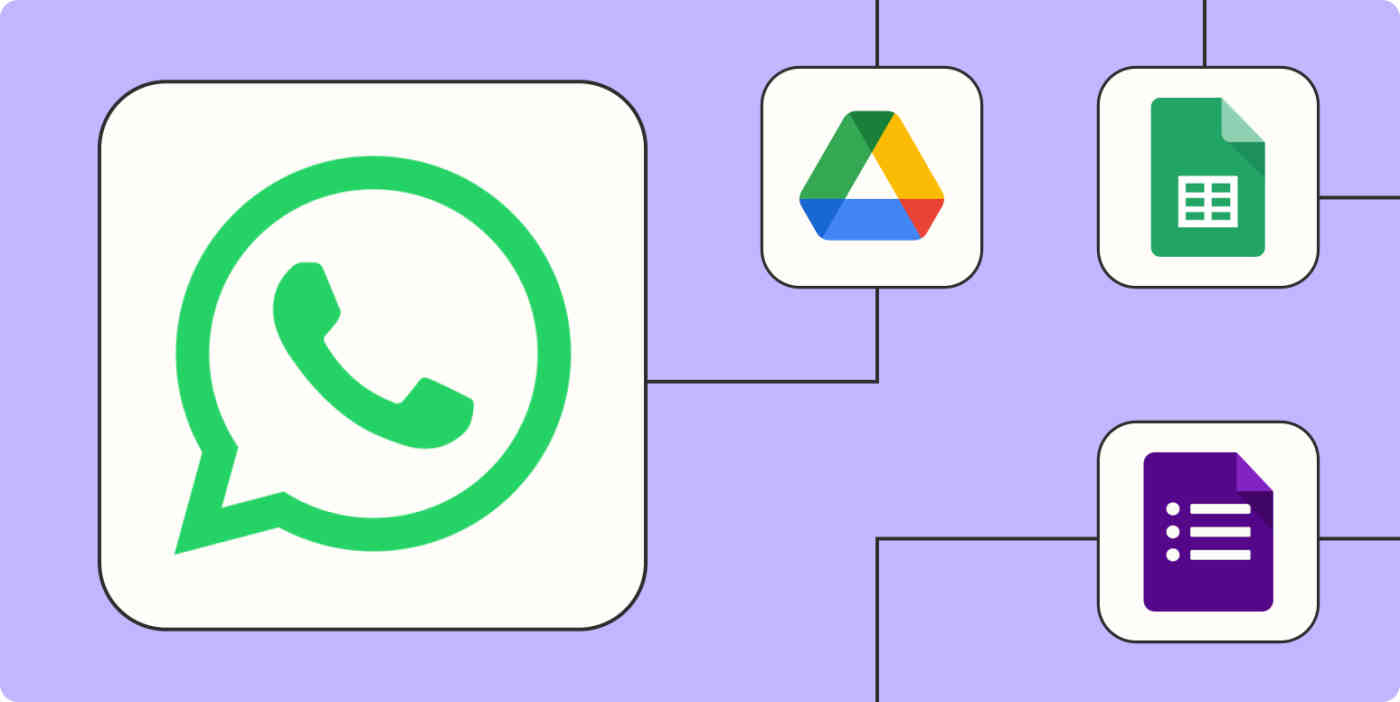 Hero image of the WhatsApp app logo connected to other app logos on a light purple background.