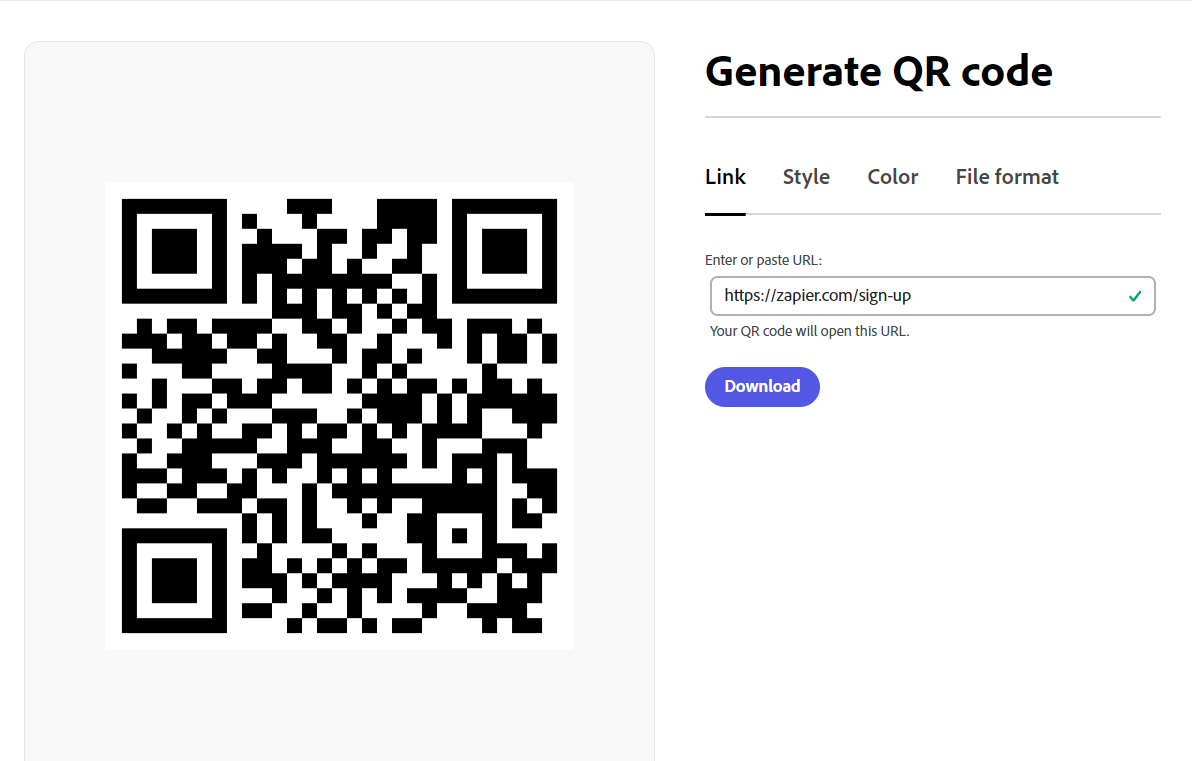 Screenshot showing where you click to create a QR code in adobe express