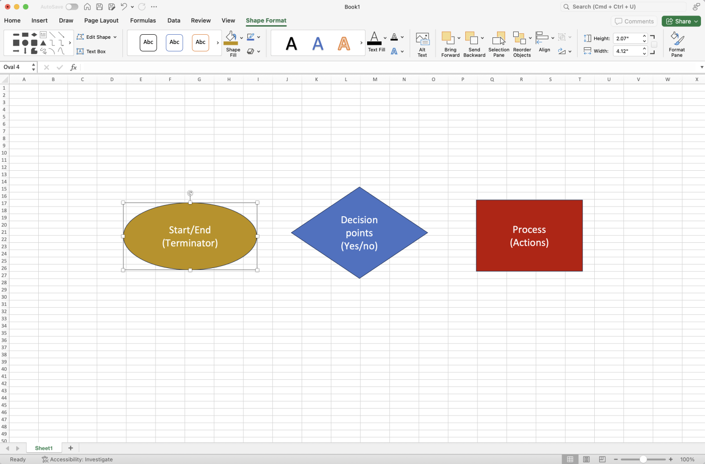 Excel spreadsheet with three shapes next to each other.