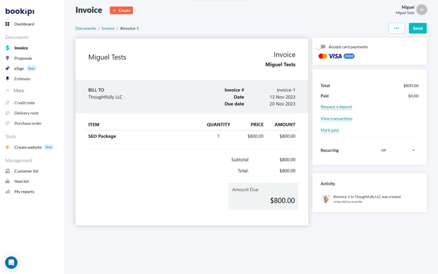 Bookipi, our pick for the best invoice app for sending invoices from Gmail