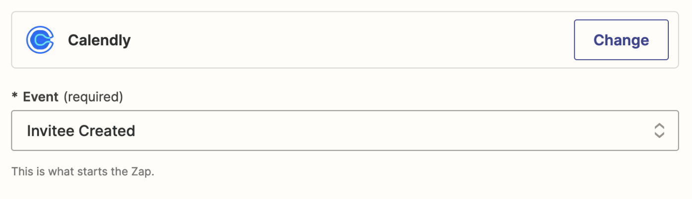 Calendly is shown selected with Invitee Created selected in the Event field dropdown.