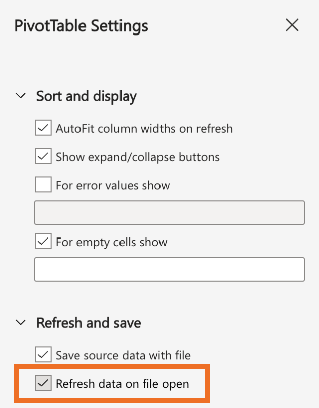 In the PivotTable settings sidebar, click "Refresh data on file open."