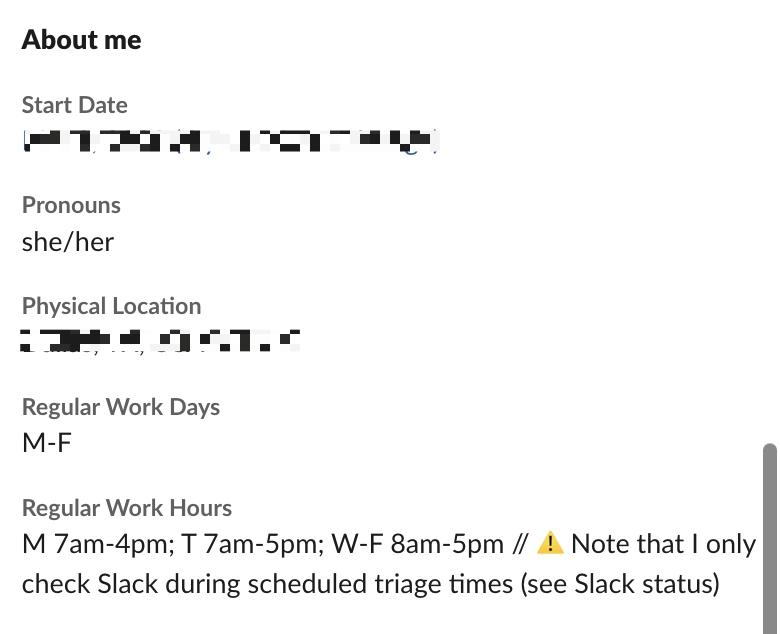 Example of a Slack bio with a list of regular work days and work hours. 