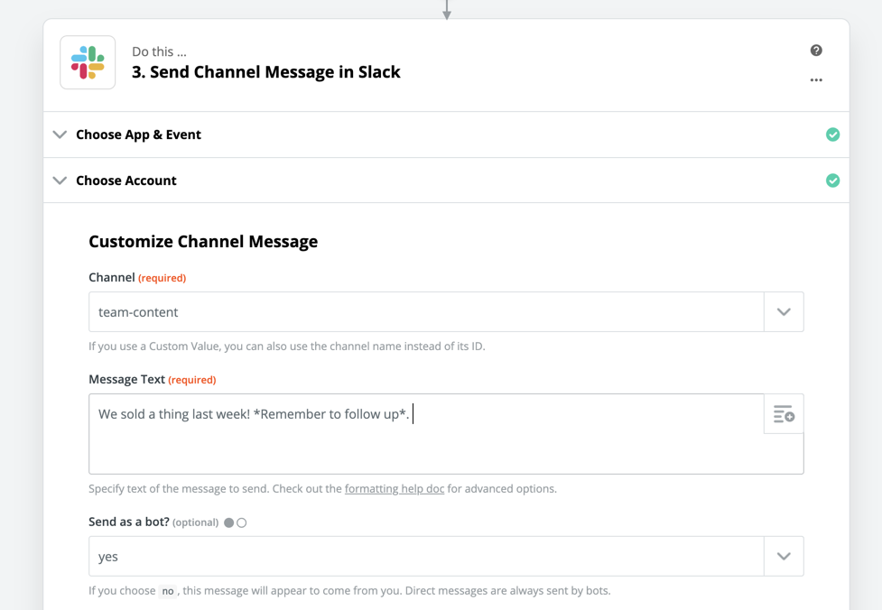 Formatting a Slack message in Zapier