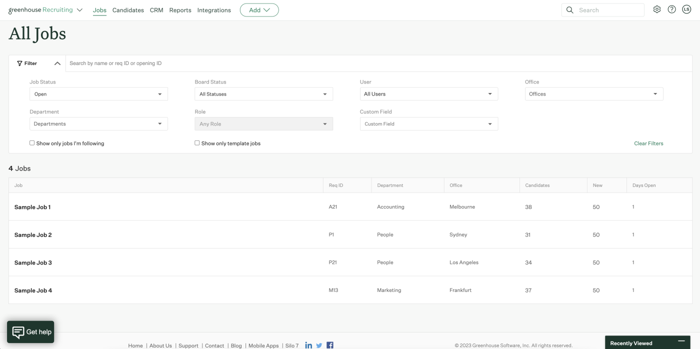 Screenshot of the jobs dashboard in Greenhouse.