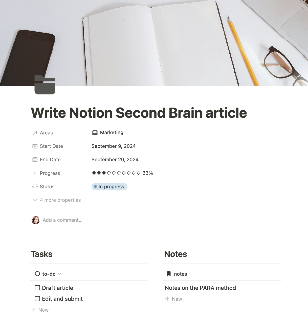 A project database item in the Notion second brain template.