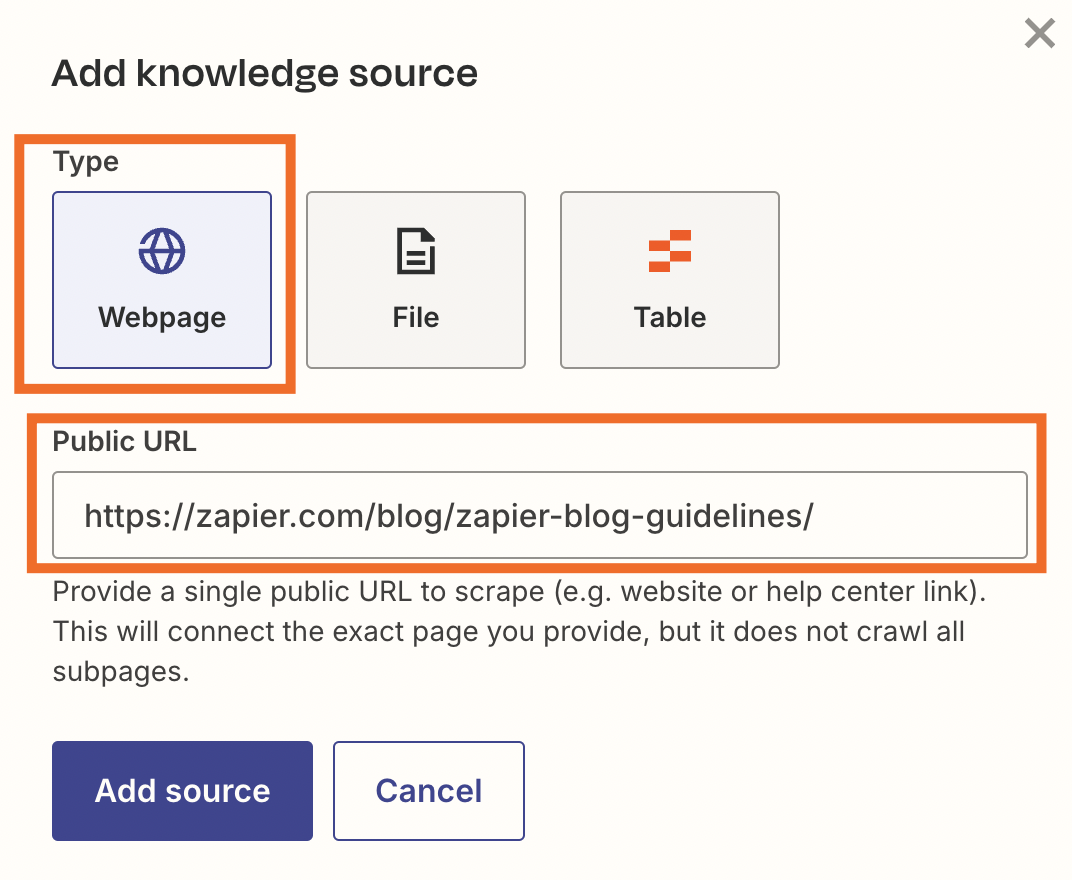 Screenshot of knowledge sources links