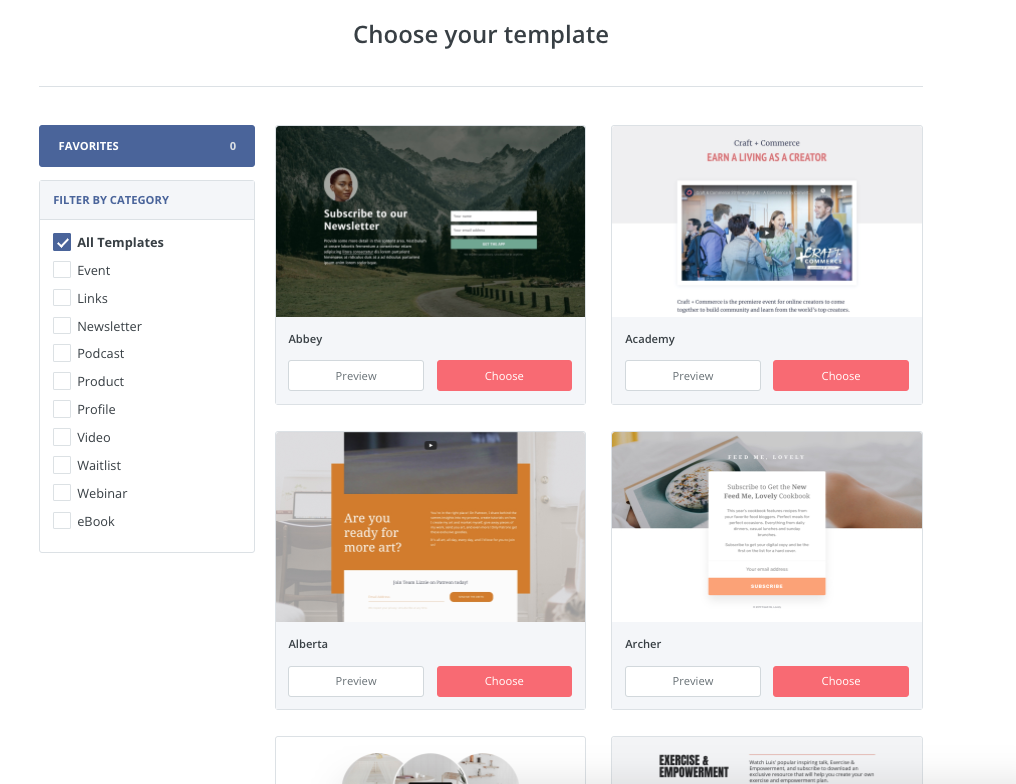 Screenshot of ConvertKit's landing page templates