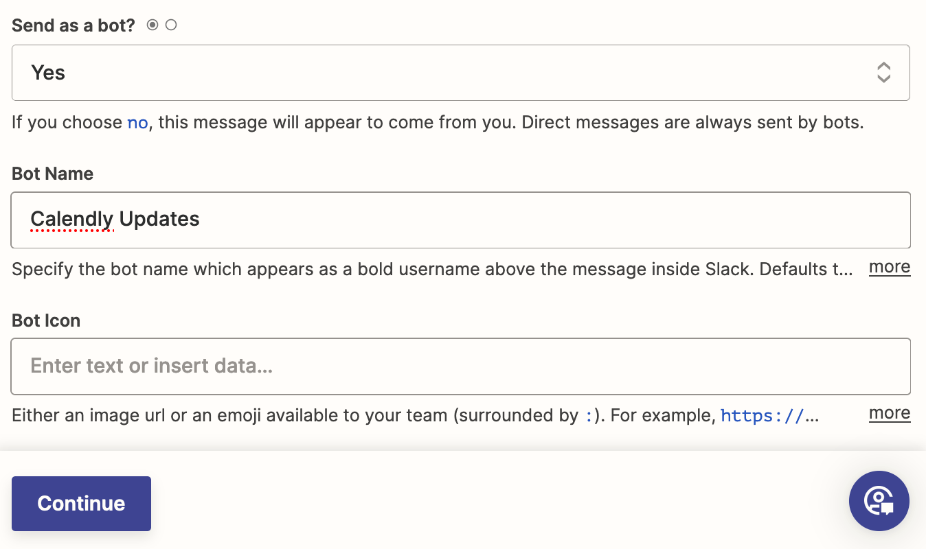 Fields in a Zap step to customize your Slack message details, including bot name and bot icon fields.