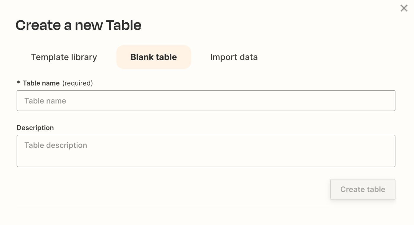 Give your table a name and description, then click Create table.