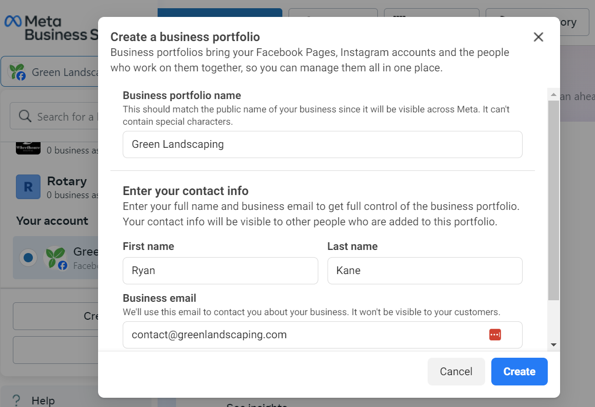 Adding your account name and email to Meta Business Suite