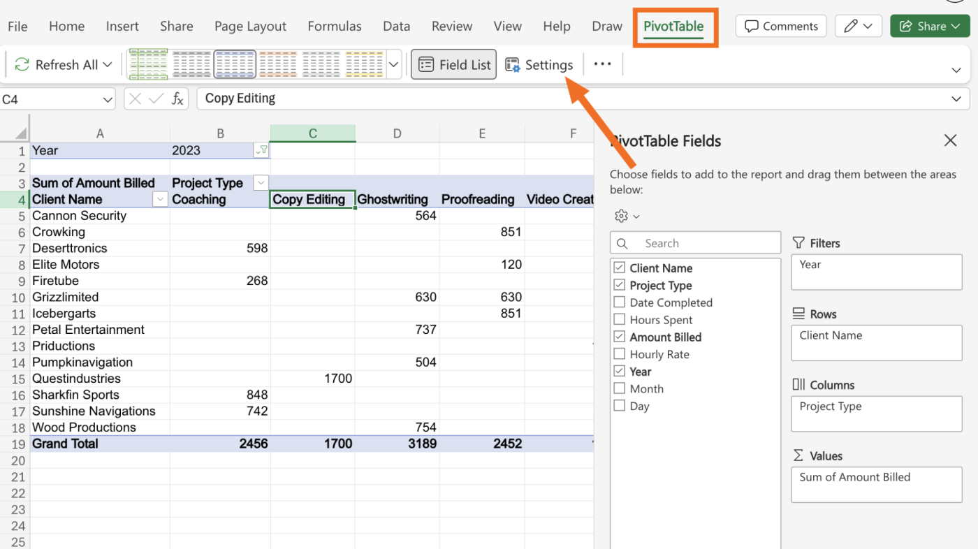 In the PivotTable tab, click "Settings."