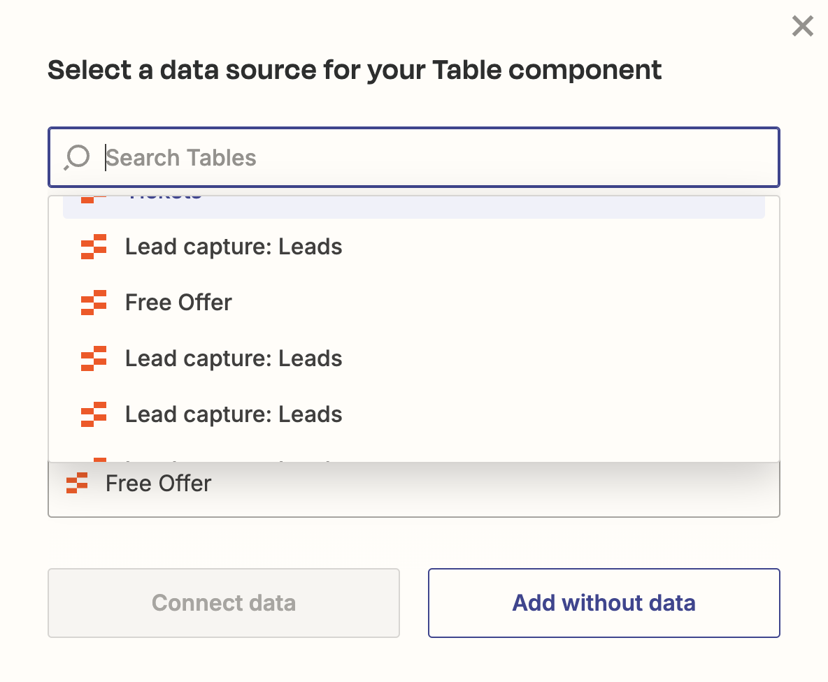 Screenshot of data sources from tables