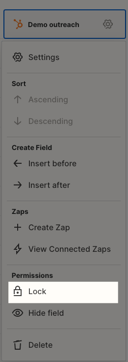 Lock a field from the field settings dropdown menu.