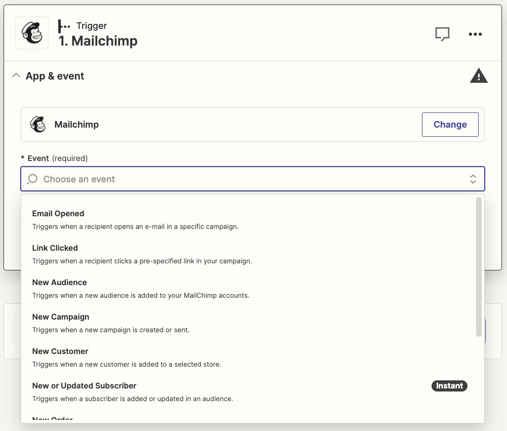 A trigger step in the Zap editor. The event dropdown is open with a list of Mailchimp trigger events you can choose from.