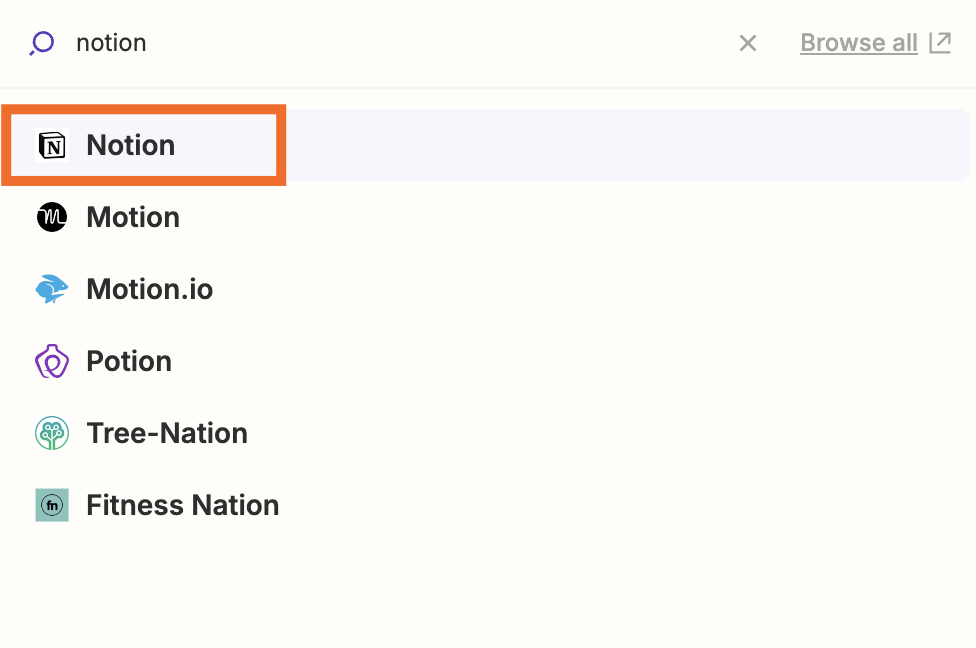 "Notion" has been typed into the search bar and a list of related apps appears in the dropdown menu.