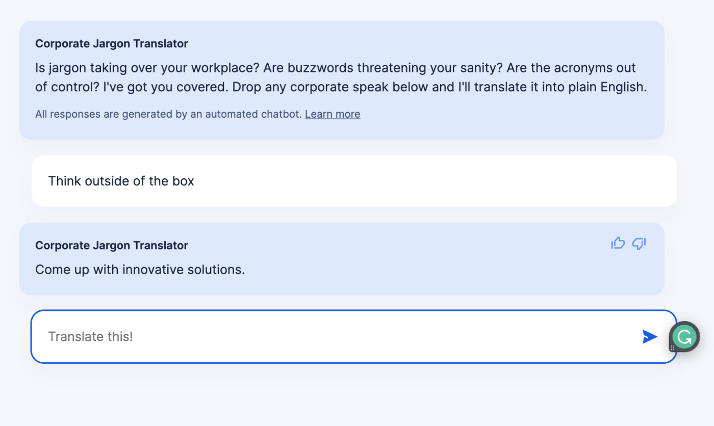 Screenshot of corporate jargon bot