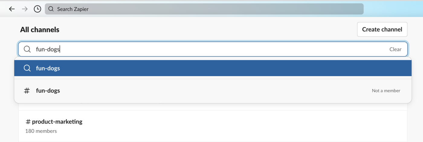 How to find a Slack channel using the search bar.