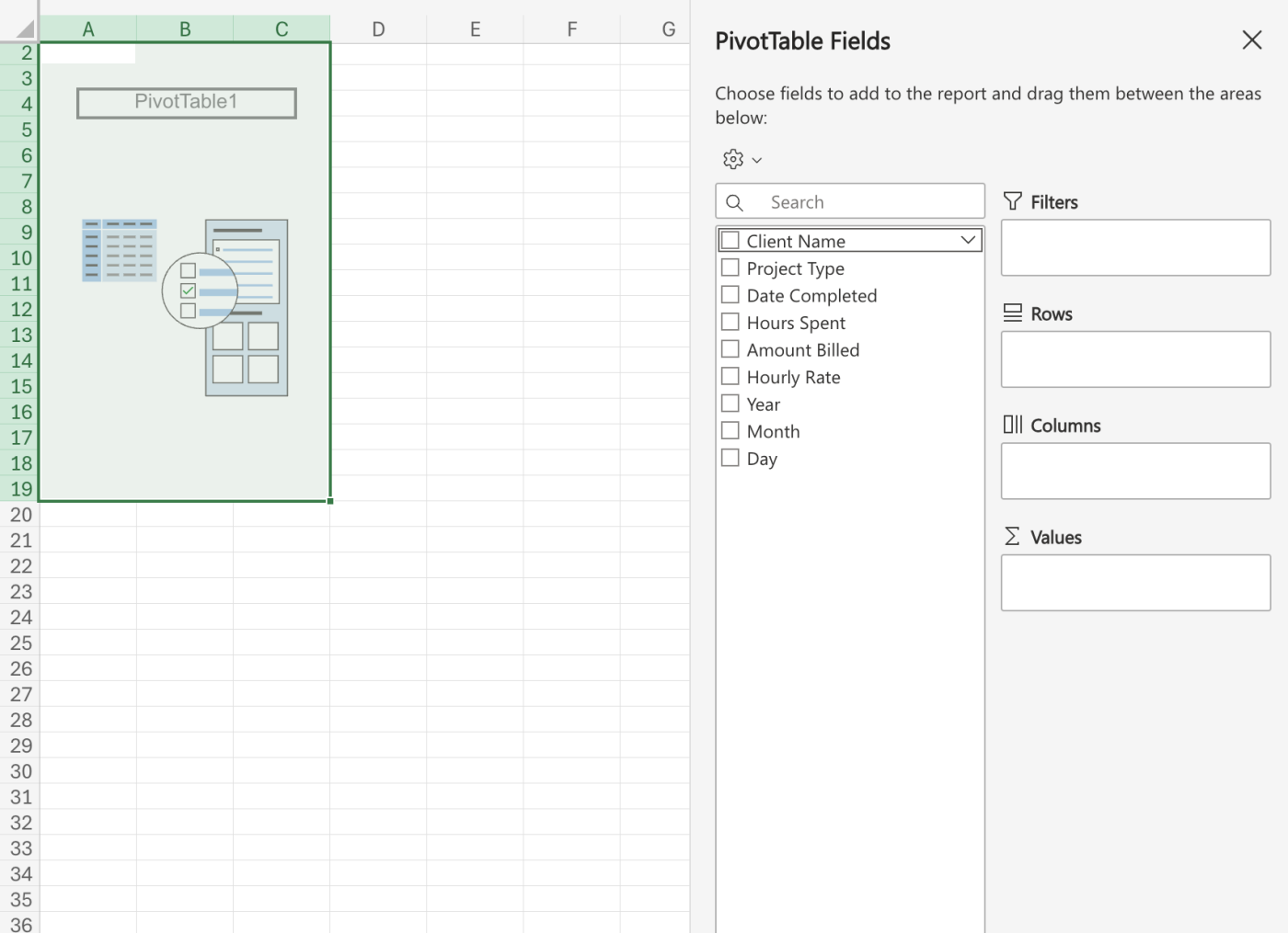 A new pivot table sheet in Microsoft Excel.