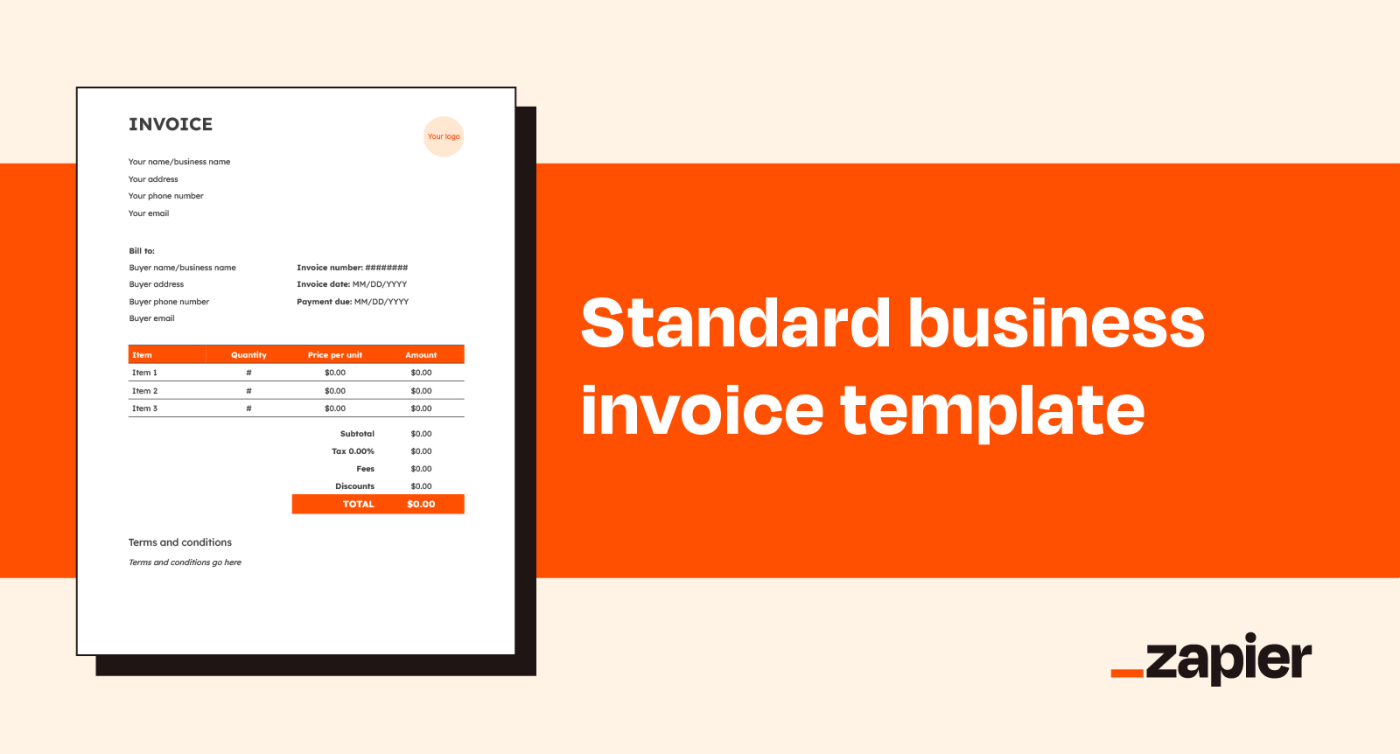 Illustrated image of Zapier's standard business invoice template on an orange background