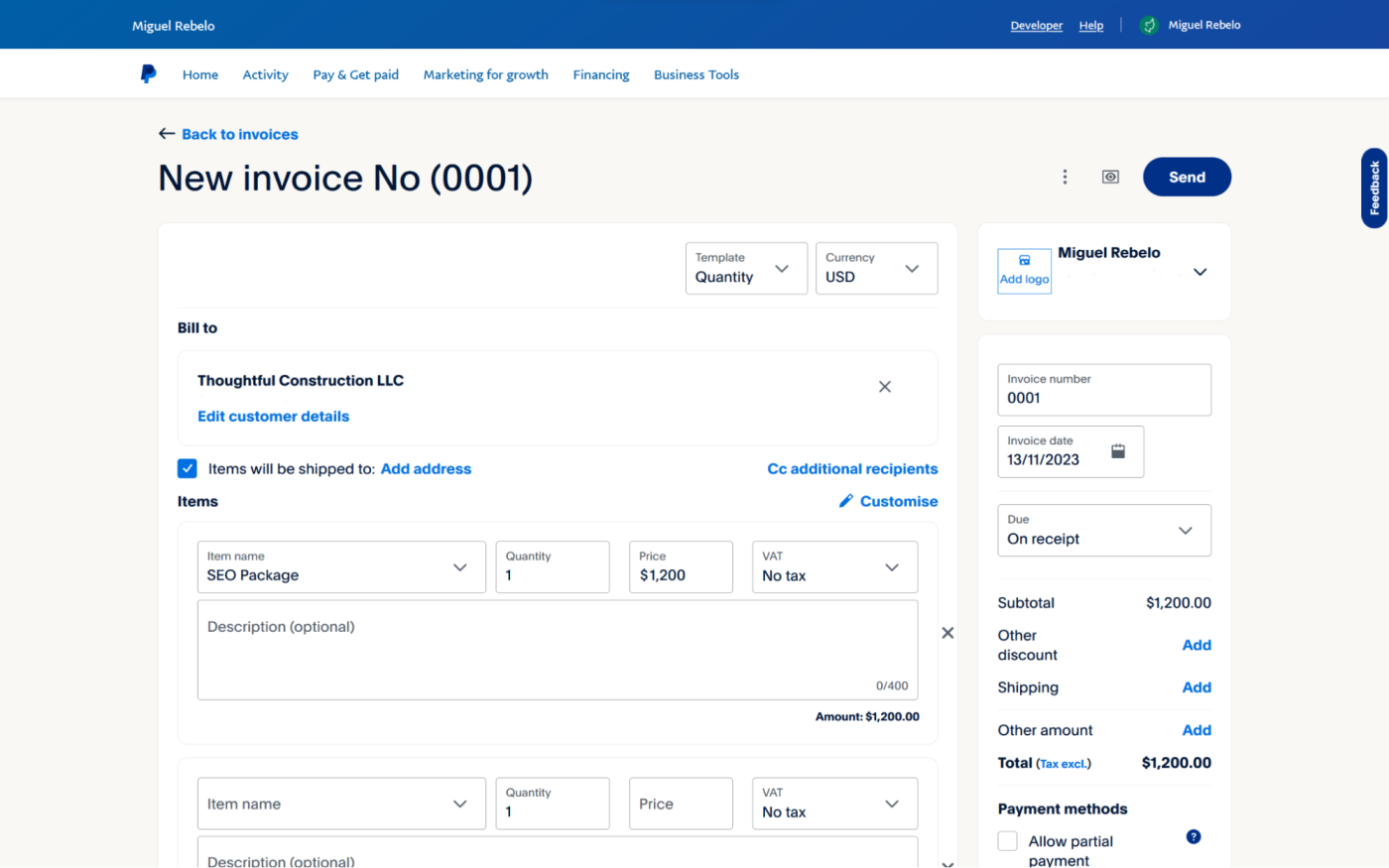 PayPal invoice builder, our pick for the best invoicing software for brand recognition