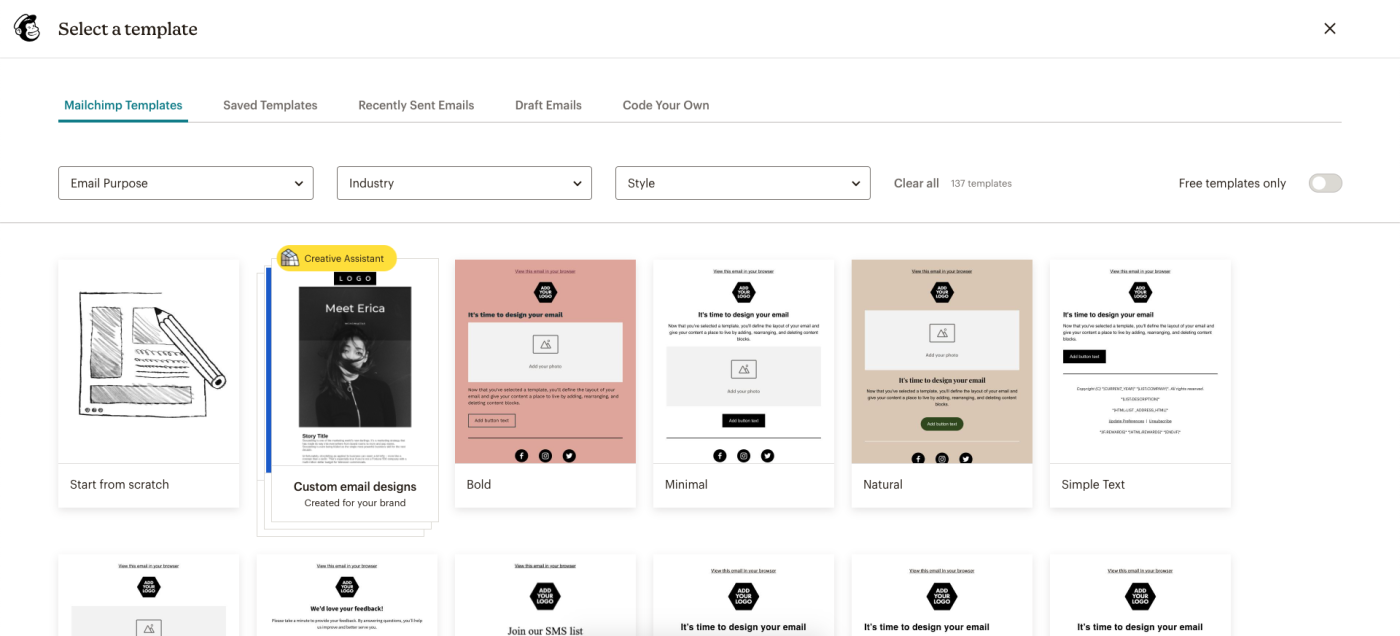 Screenshot of Mailchimp template options