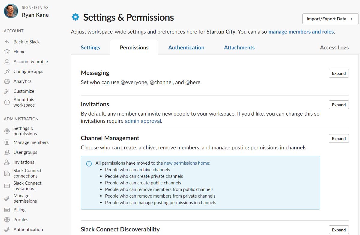 Admin settings in Slack