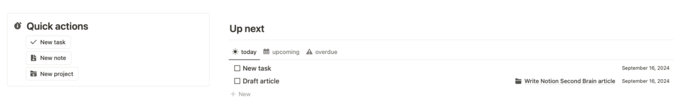 The top of the Notion second brain database, displaying a "quick actions" block and an "Up next" block.