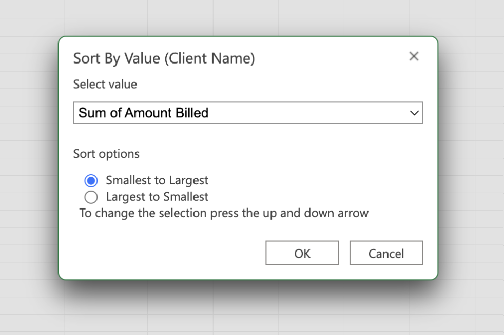 In a dialog box, "Sum of Amount Billed" is selected, with the "Smallest to Largest" sort option chosen.