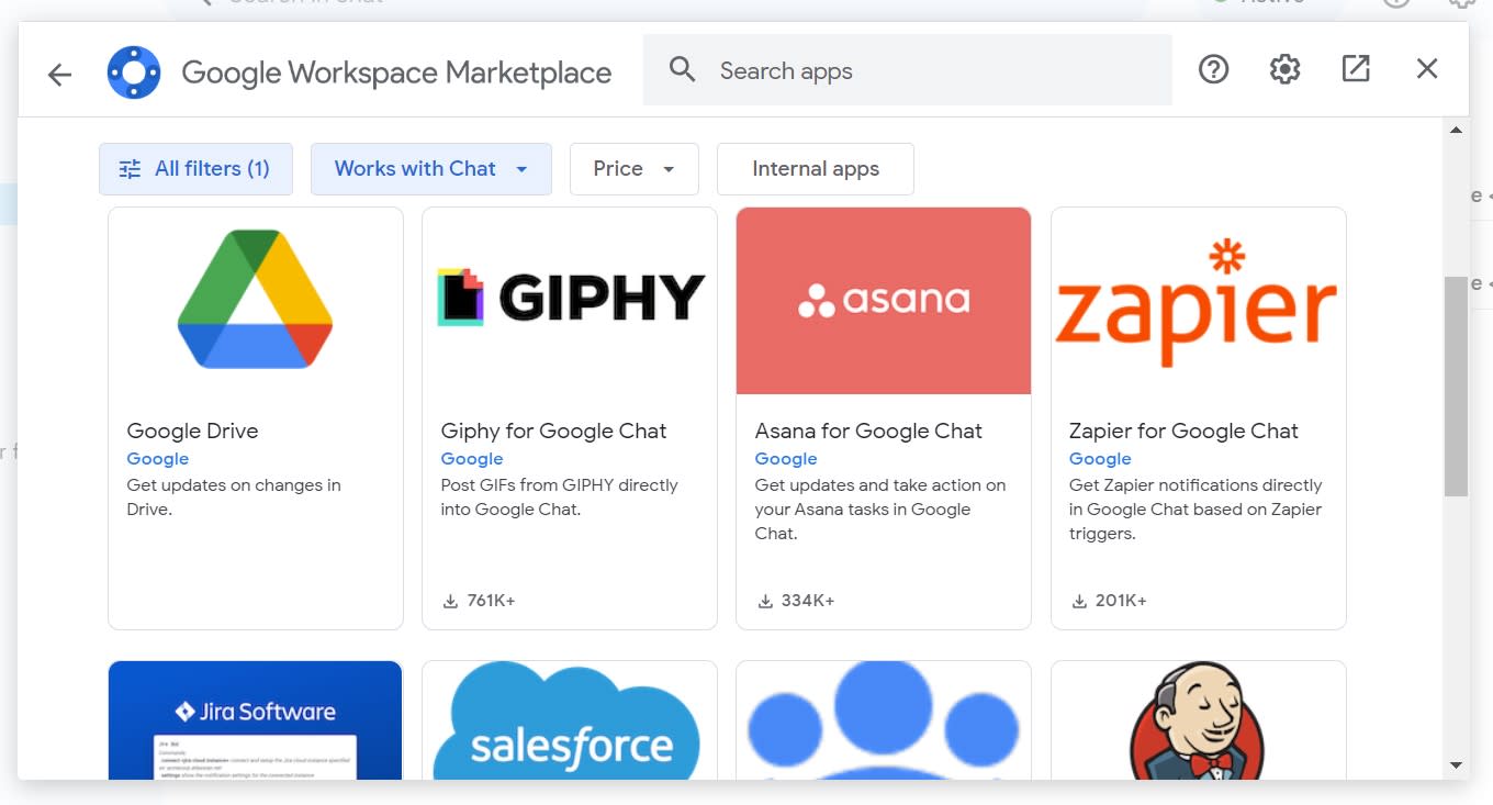 Popular apps on Google Workspace Marketplace that work with Chat