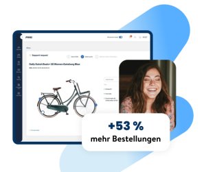 Kundenshop vor einer blauen Form, ein Bild einer glückliche Frau direkt daneben. Zusätzlich ist die Aufschrift "+53% mehr Bestellungen" zu sehen