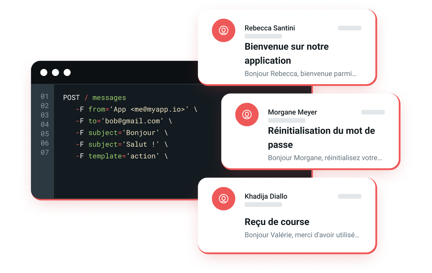 Illustration du code API pour l’envoi d’emails.