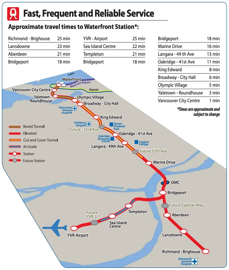 Canada Line route map with travel times