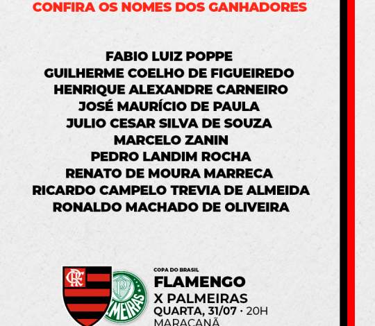 Confira os sócios contemplados com ingressos para a partida entre Flamengo e Palmeiras