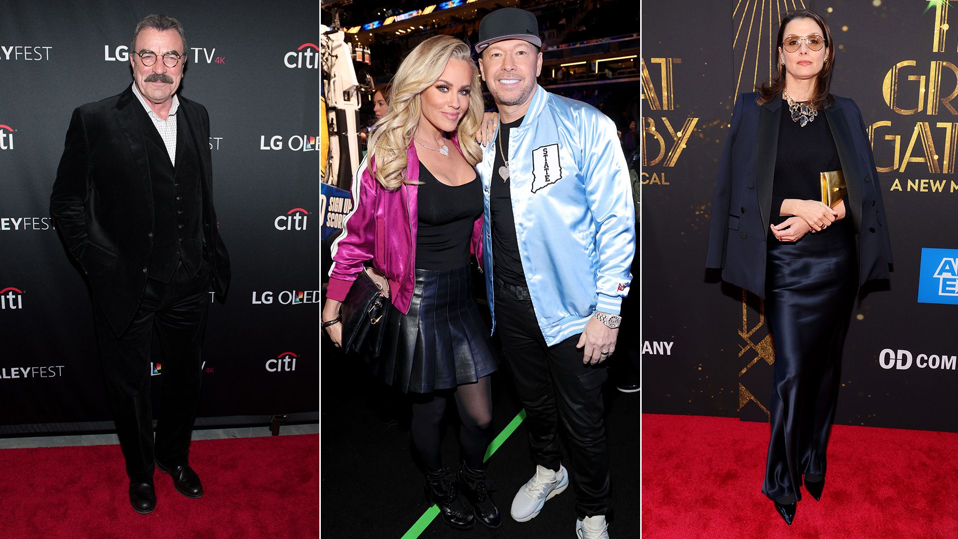 Split image of Tom Selleck / Donnie Wahlberg and Jenny McCarthy/ Bridget Moynahan on the red carpet