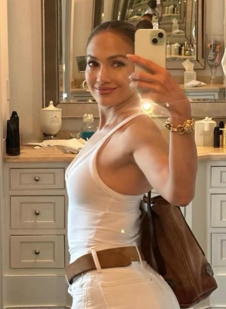 Selfie shared by Jennifer Lopez on Instagram July 20, 2024 ahead of hosting a Bridgeton-themed party in her Hamptons home to celebrate her upcoming 55th birthday on July 24