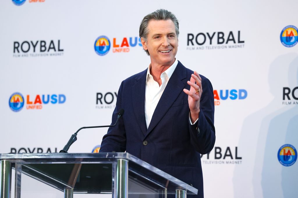 Governor Gavin Newsom attends a pep rally to celebrate the second year of the Roybal Film and Television Production School on October 13, 2023 in Los Angeles, California