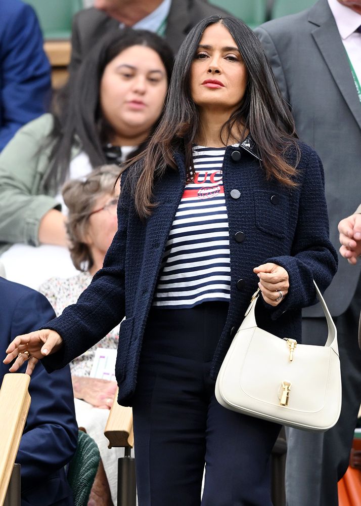 Salma Hayek in a navy co-ord and Gucci T-shirt at Wimbledon