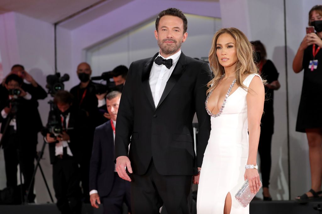 Ben Affleck and Jennifer Lopez attend the red carpet of the movie "The Last Duel" during the 78th Venice International Film Festival on September 10, 2021 in Venice, Italy.