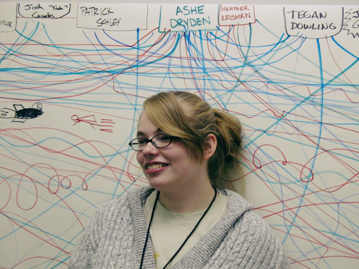 Photo of the author standing in front of a whiteboard illustrating her many social connections.