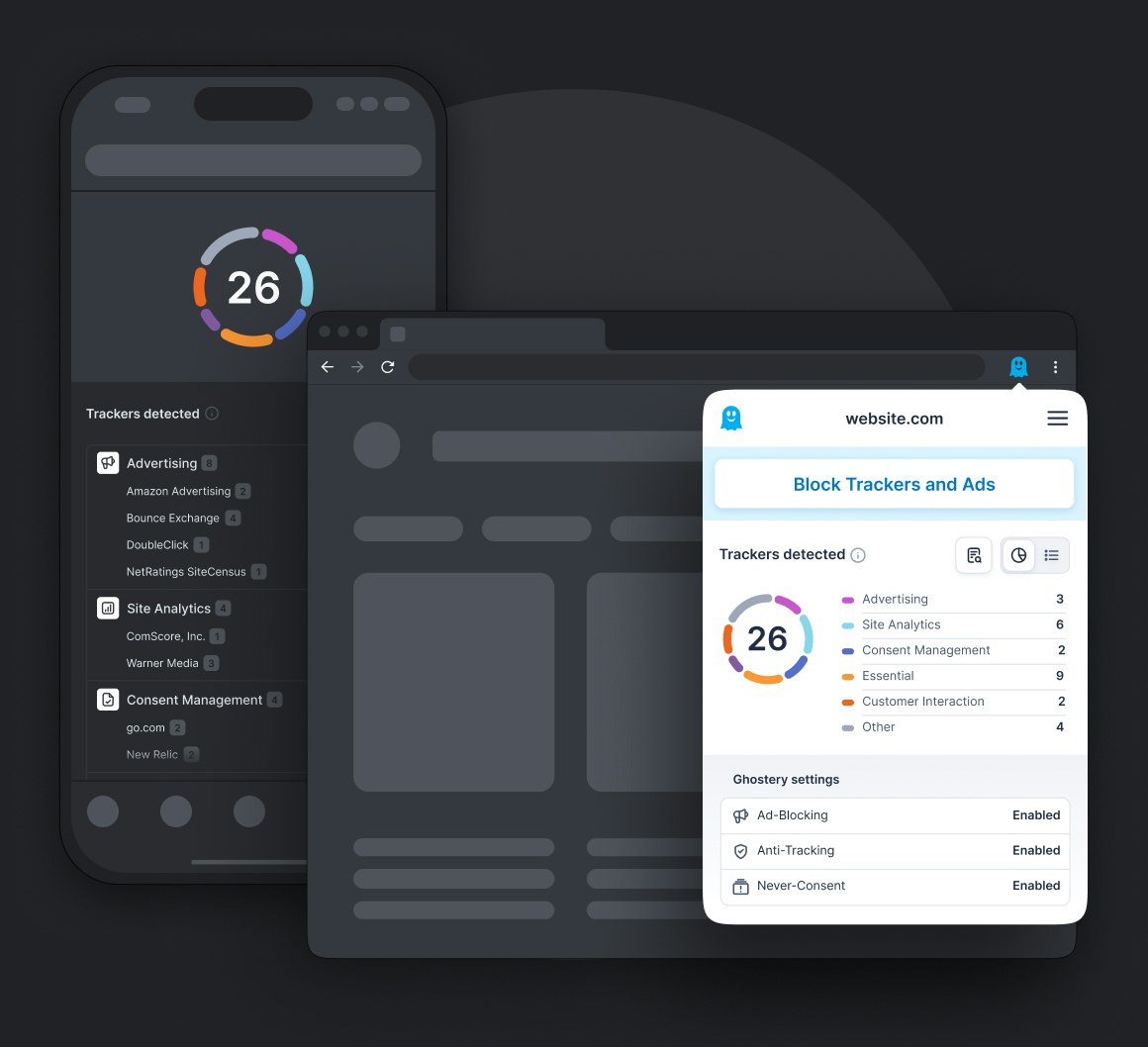 Ghostery Tracker & Ad Blocker panel detailed view displaying blocked tracker categories