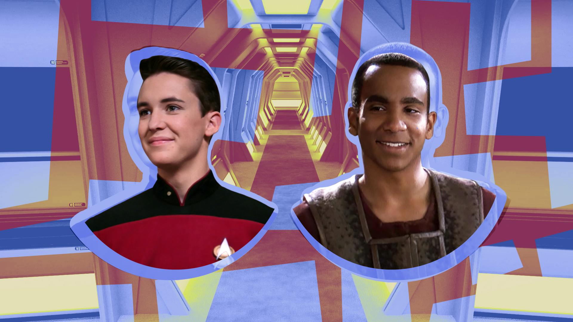 Graphic illustration of a starship corridor with cut-outs of Wesley Crusher and Jake Sisko