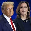 Un montage où on voit Donald Trump et Kamala Harris devant un fond bleu.