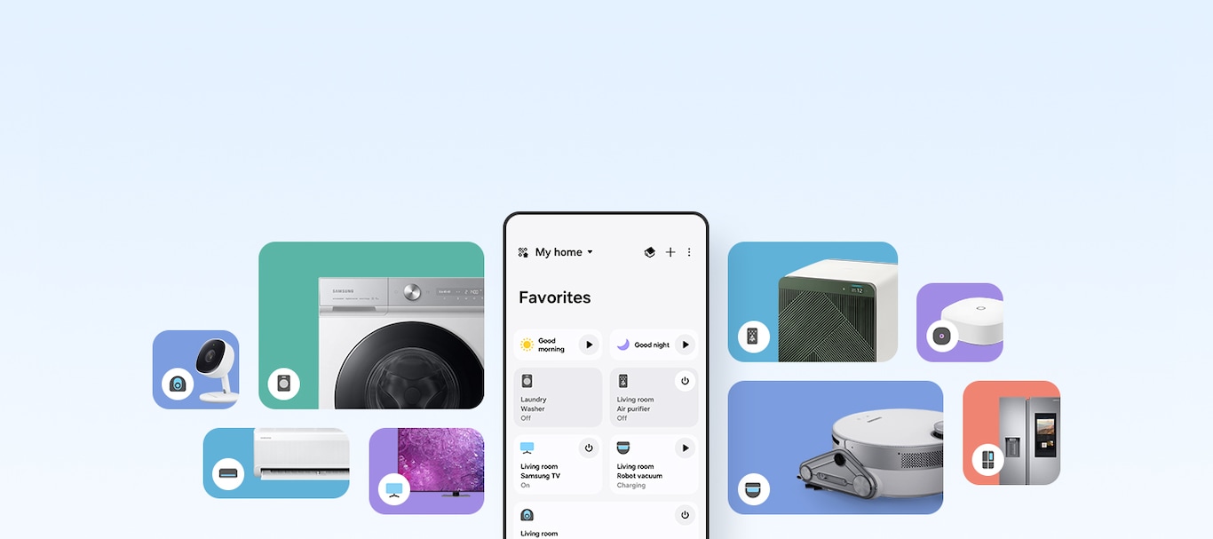 Uma tela de smartphone Galaxy mostra a interface do usuário no aplicativo SmartThings, exibindo cartões com dispositivos domésticos inteligentes conectados ao aplicativo e opções de rotina que podem ser definidas. Ao redor do smartphone há blocos de várias cores e tamanhos. Cada bloco contém um dispositivo doméstico inteligente diferente conectado ao aplicativo SmartThings.