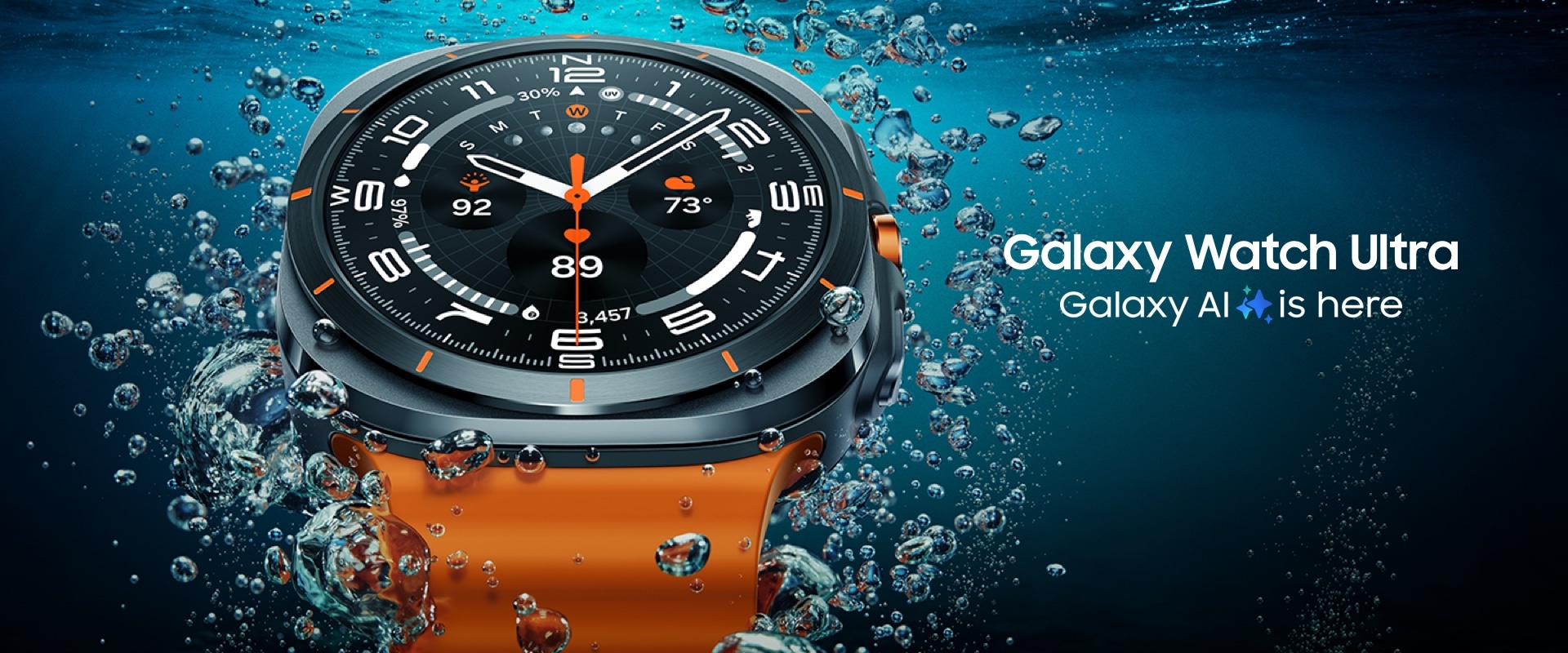 A Galaxy Watch Ultra is seen close-up in the water near the surface, showcasing its design.